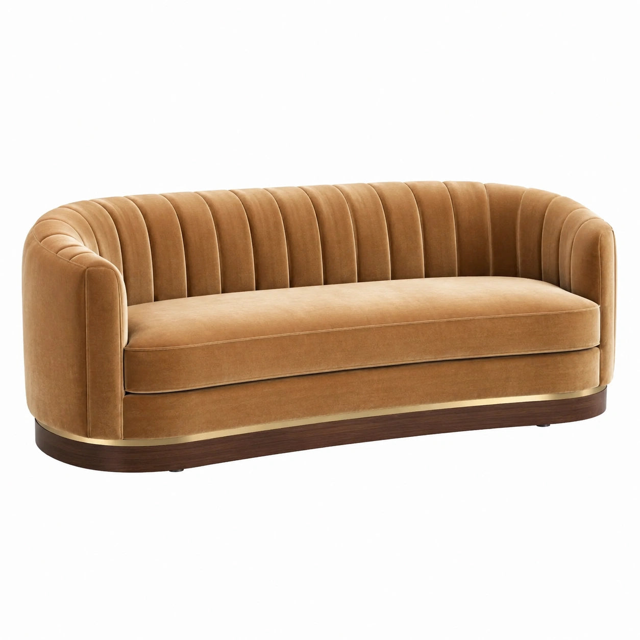 Halbrundes Sofa aus Samt mit Holzfuß und Messingakzenten in Goldbraun