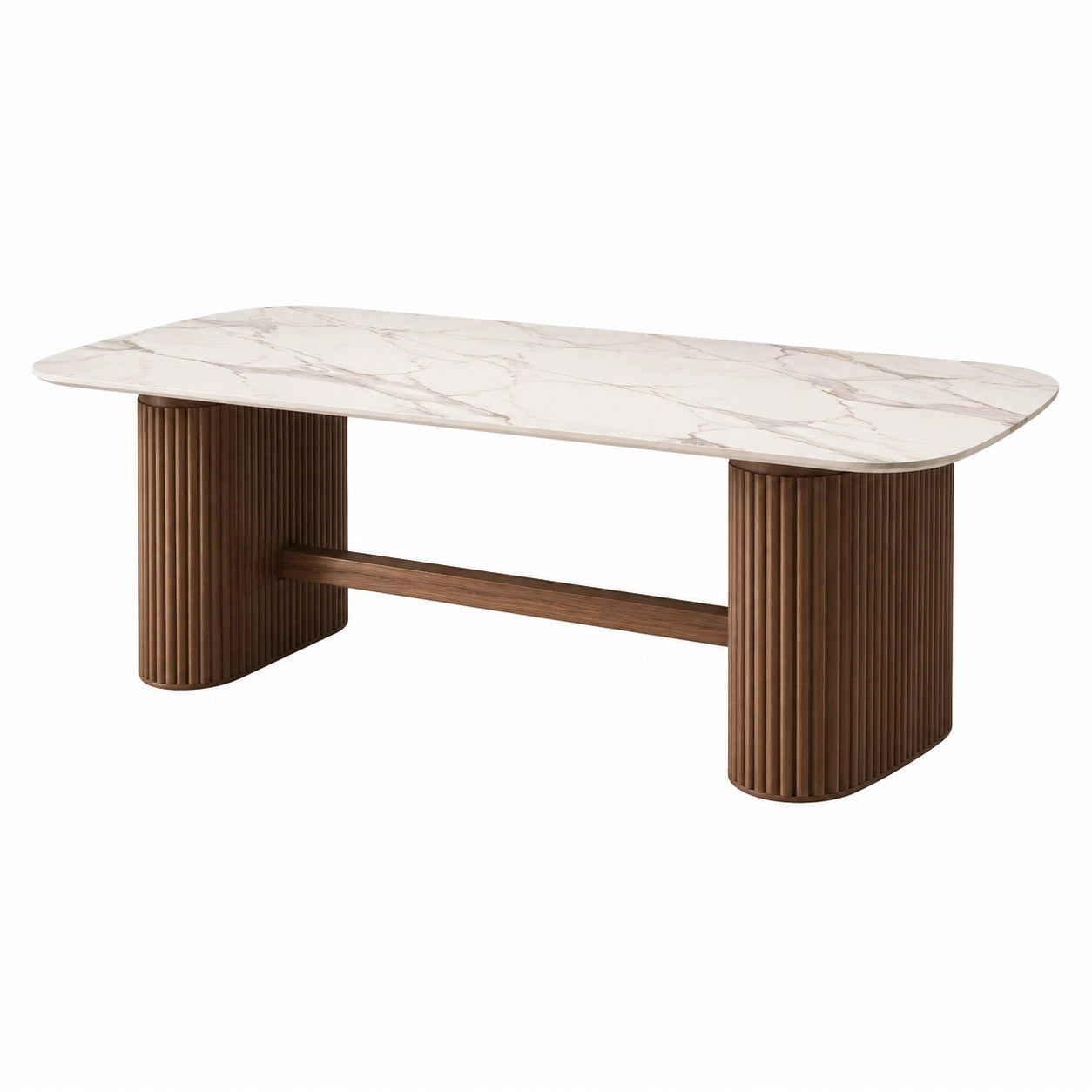 Esszimmertisch rechteckig mit Keramikplatte und Walnussholzbeinen, 180x90x75 cm, Weiß/Braun