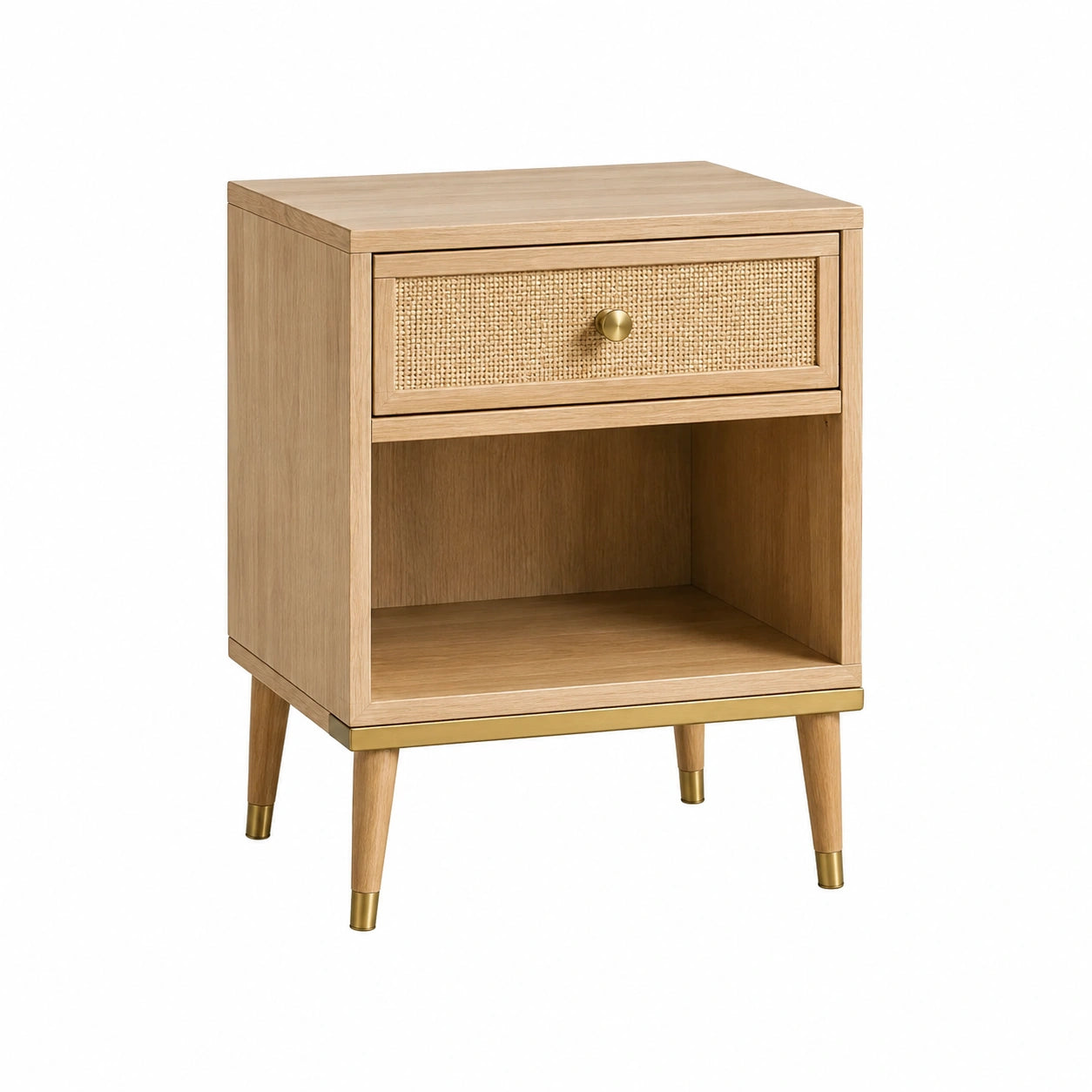 Holznachttisch mit Rattan und Schublade