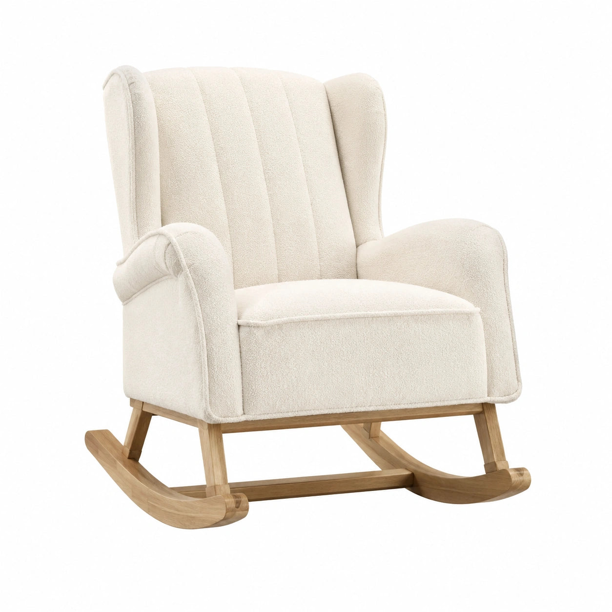 Holzschaukelstuhl mit Bouclé in Creme, 90cm