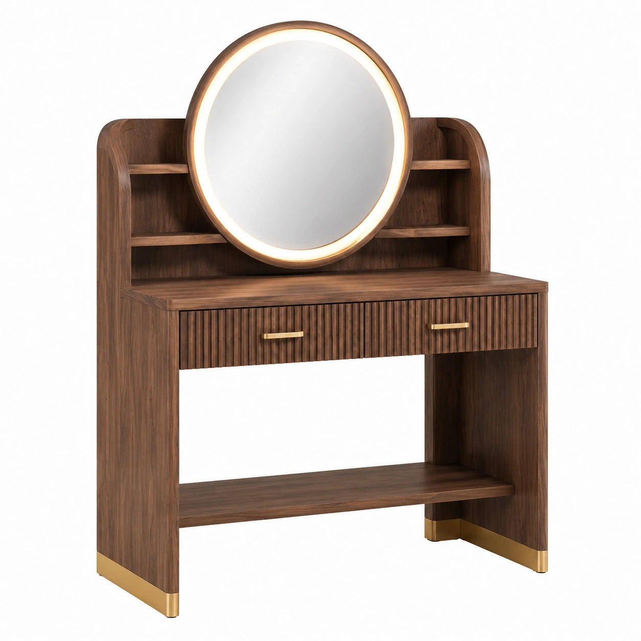 Frisiertisch mit rundem Spiegel, MDF mit Walnussfurnier, Braun