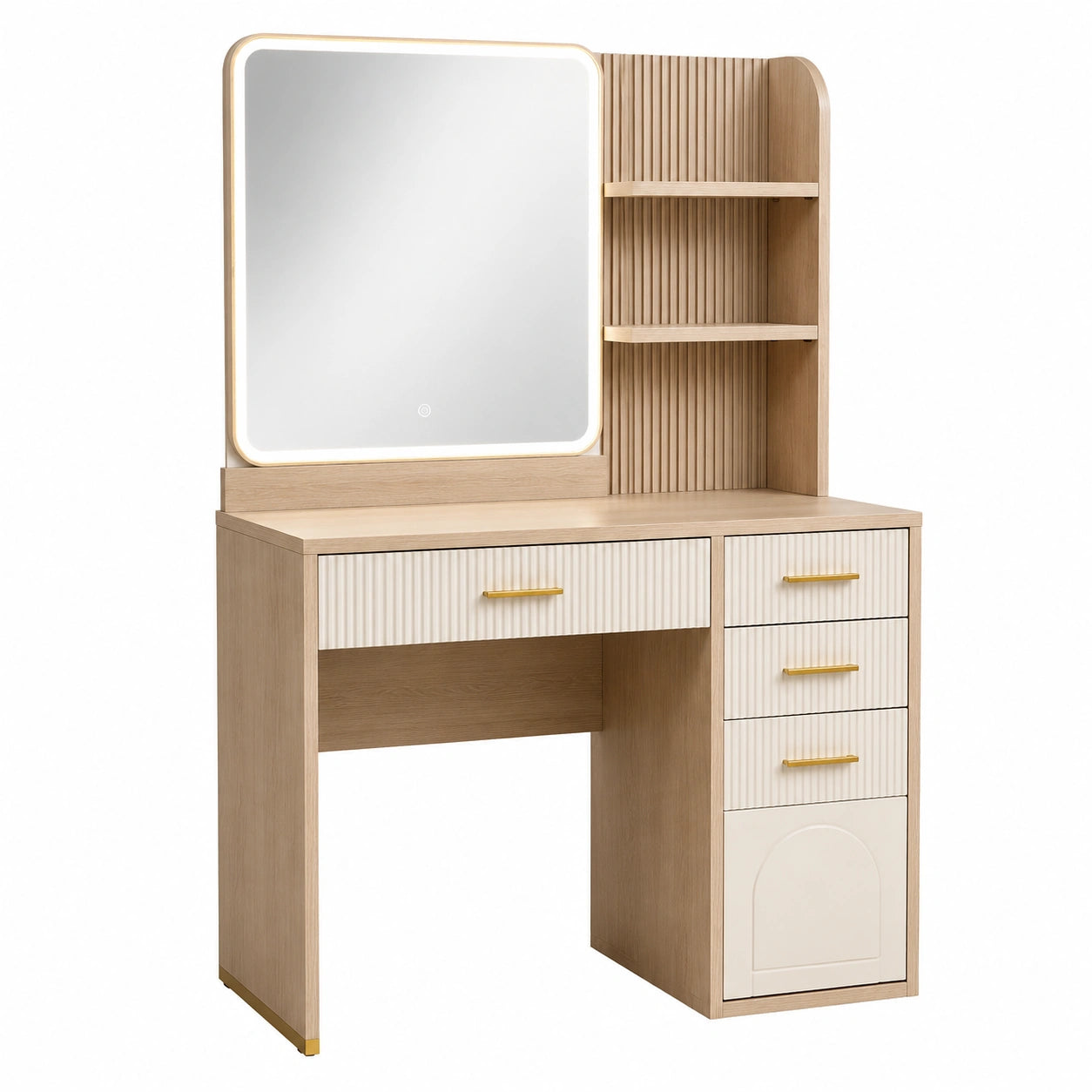 Schminktisch mit LED-Spiegel aus MDF und Holz, 120x45x150 cm, Eichenholz und Gold