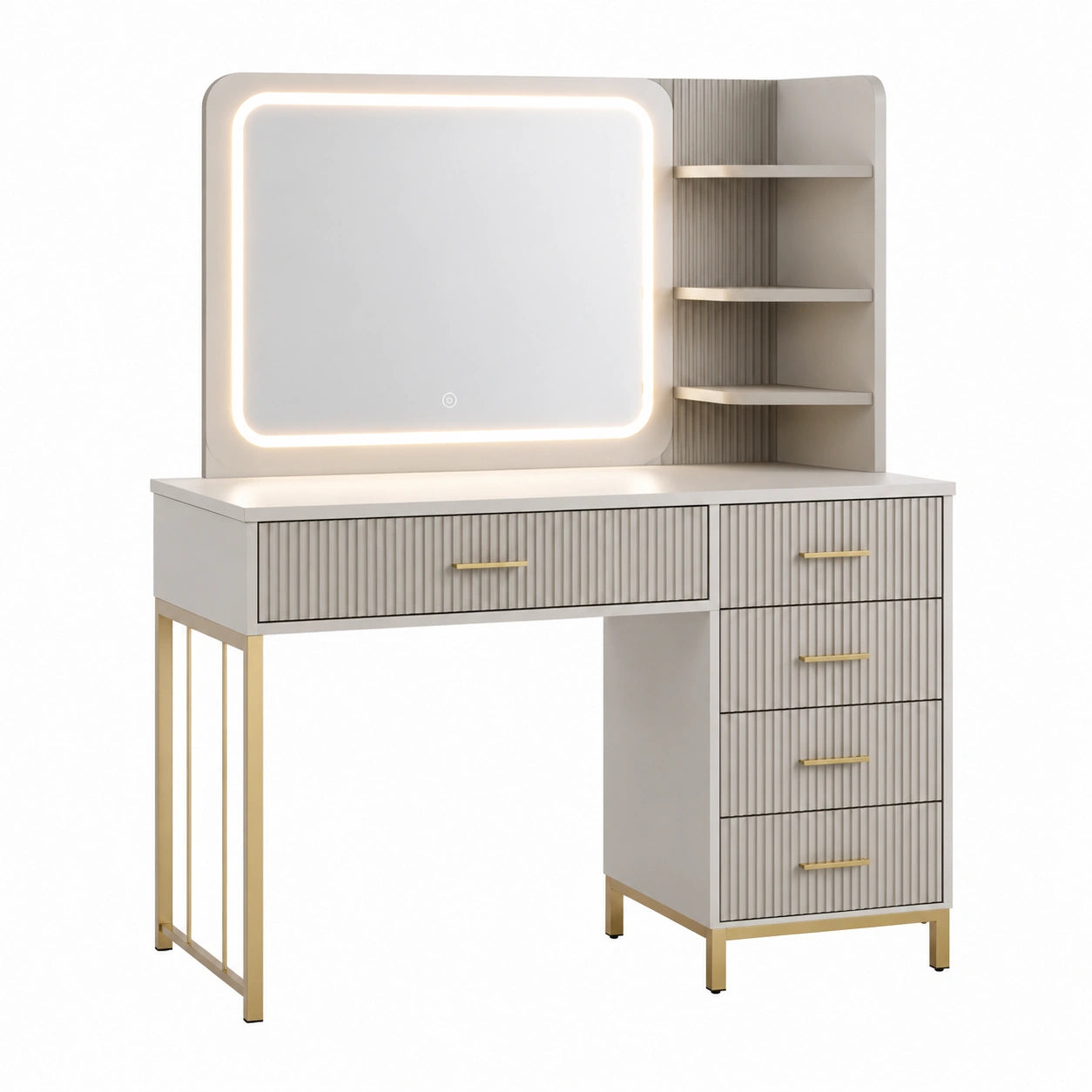 Schminktisch aus MDF mit LED-Beleuchtung und Regalen in Creme
